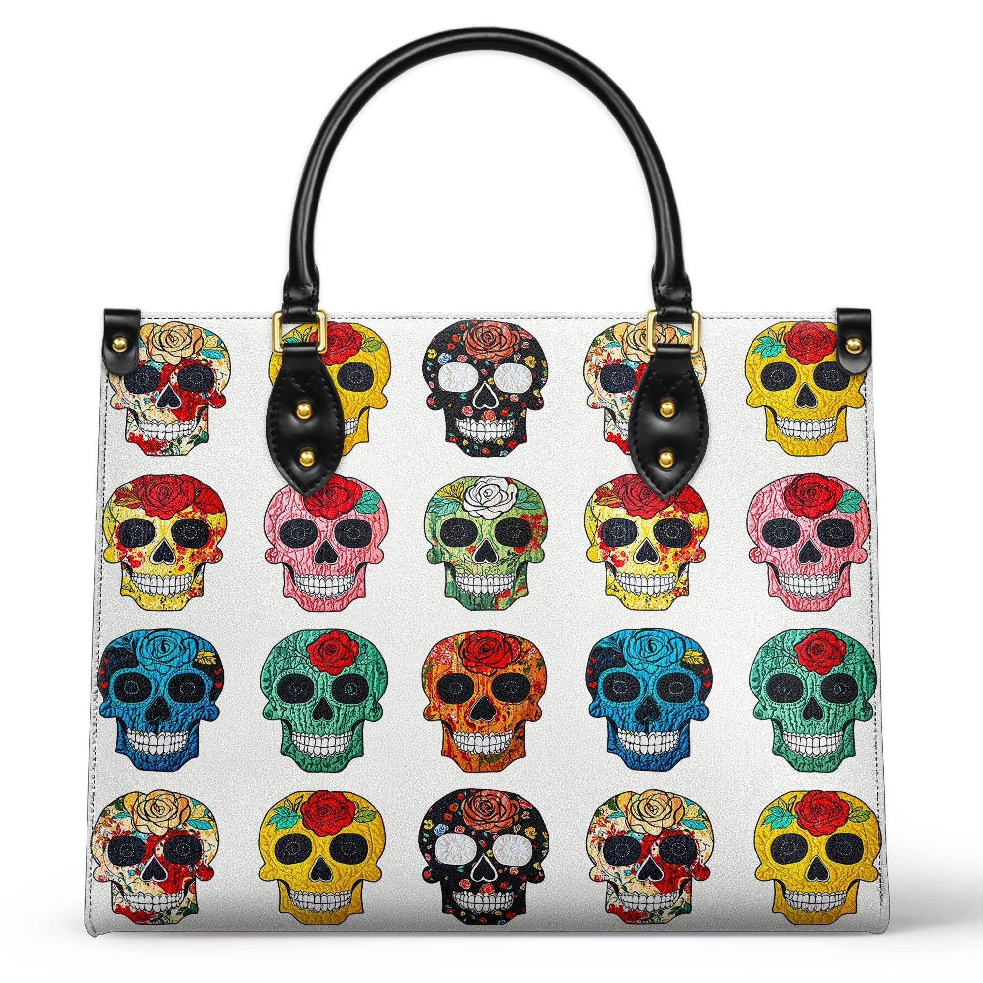 Personalized Vegan Leather Handbag Colorful Sugar Skull Roses - Image 2