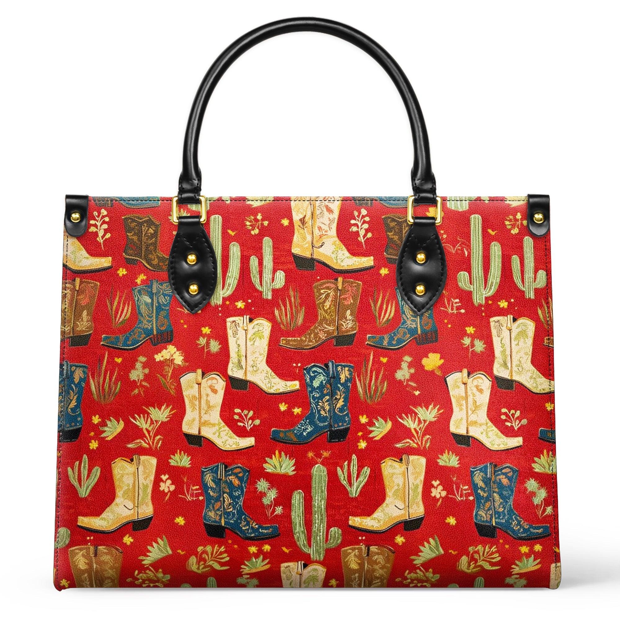 Personalized Vegan Leather Handbag Glamorous Cowgirl Boot Pattern - Image 2