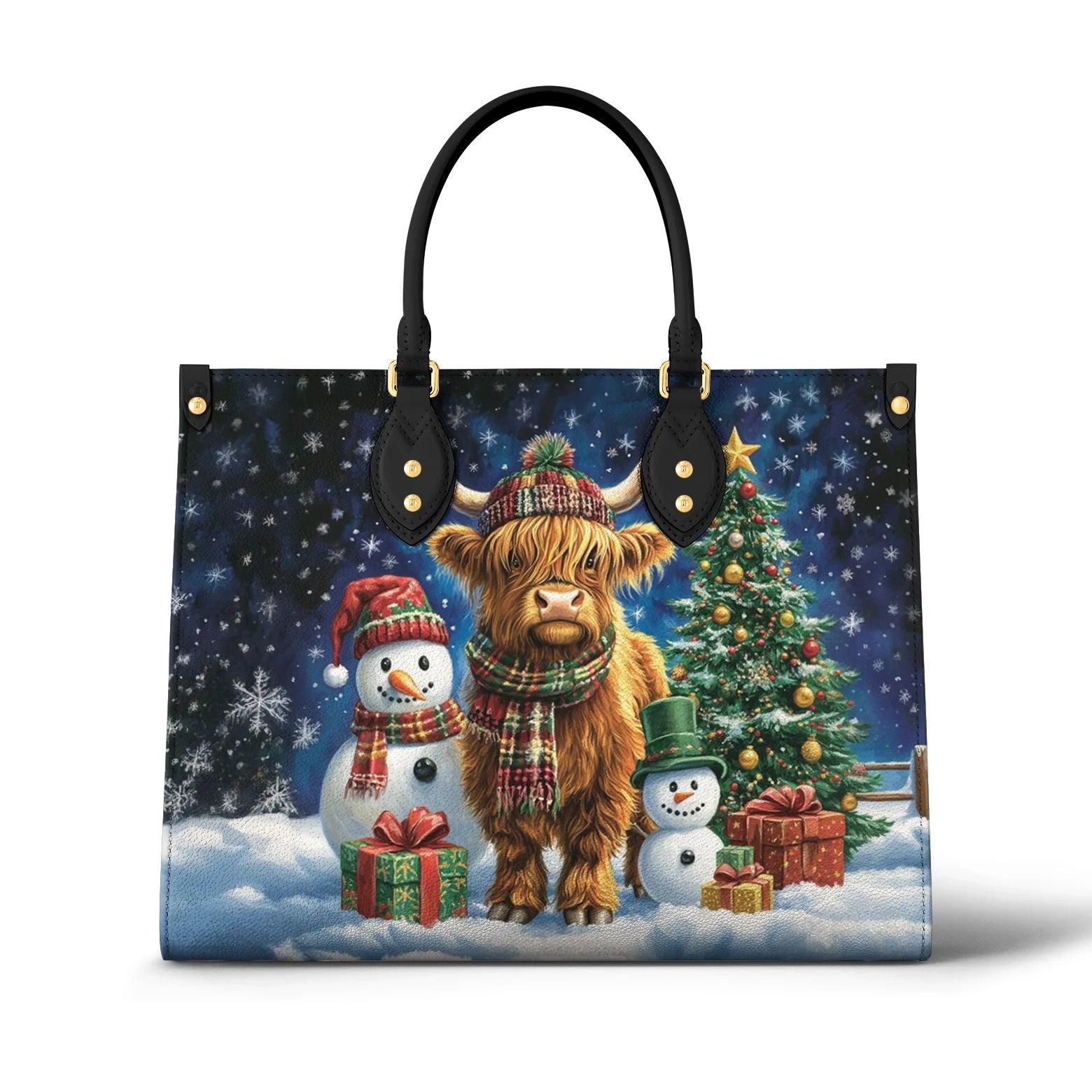 Personalized Vegan Leather Handbag Highland Cow Festive Winter Magic - Image 2