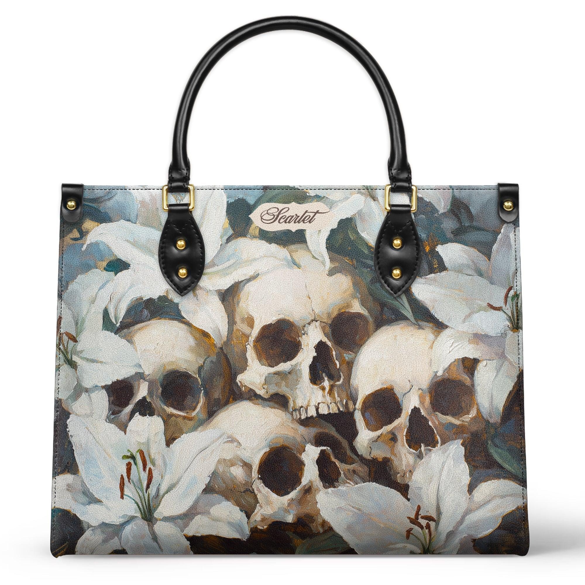 Personalized Vegan Leather Handbag Mystic Skull White Lilies - Image 2
