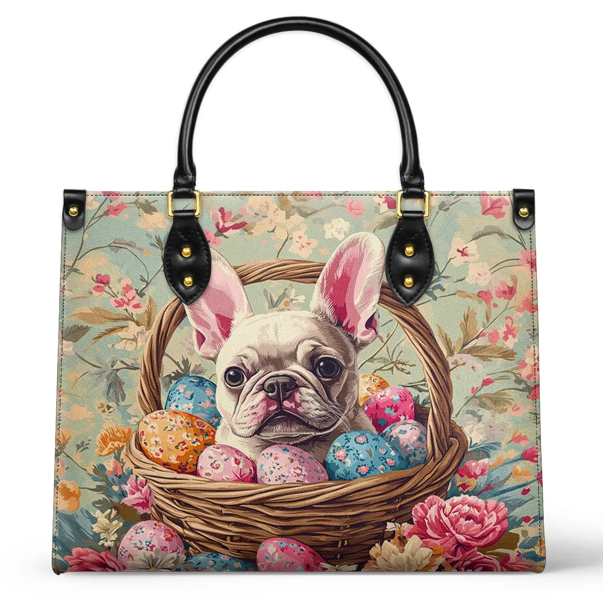Personalized Vegan Leather Handbag Floral Frenchie Easter - Image 2