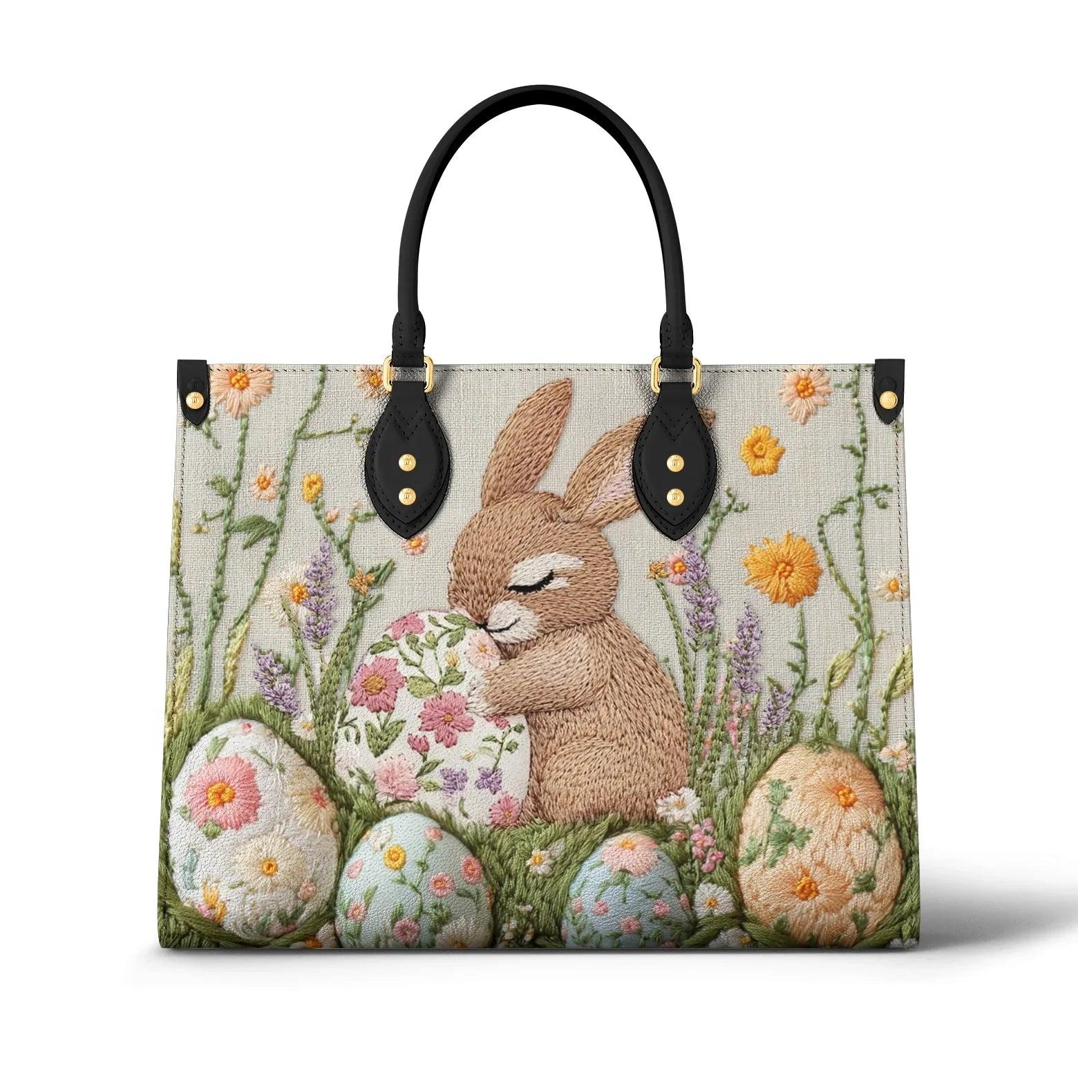 Personalized Vegan Leather Handbag Hand-Embroidered Easter Bunny - Image 2