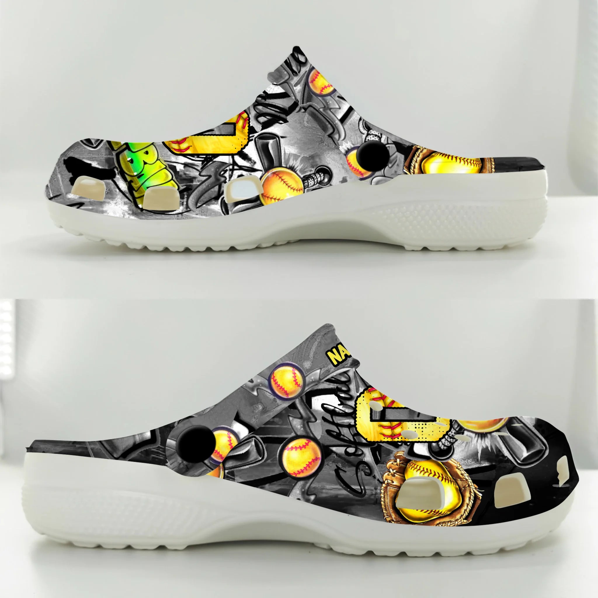 Gray Graffiti Softball Sport Custom Crocs And Clogs Shoes Printed For Men Women And Kids - Image 2