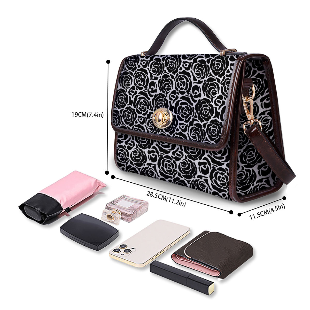 Rose Print Monochrome Pattern Women's Satchel Bag - Image 4