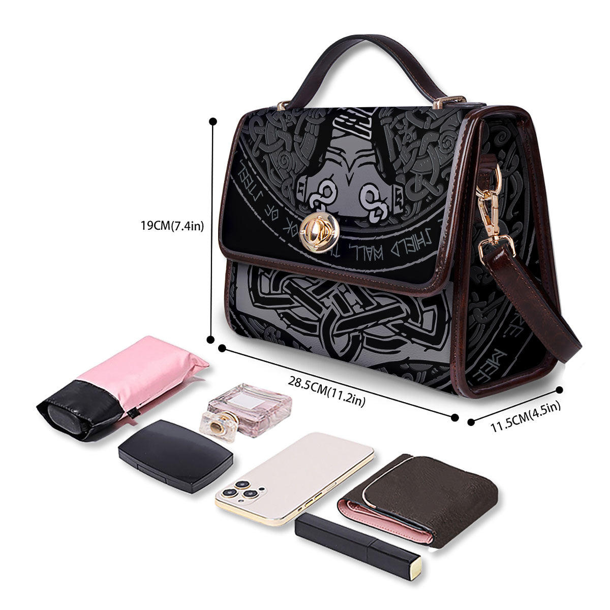 Runes Scandinavian And Mjolnir Print Women's Satchel Bag - Image 4