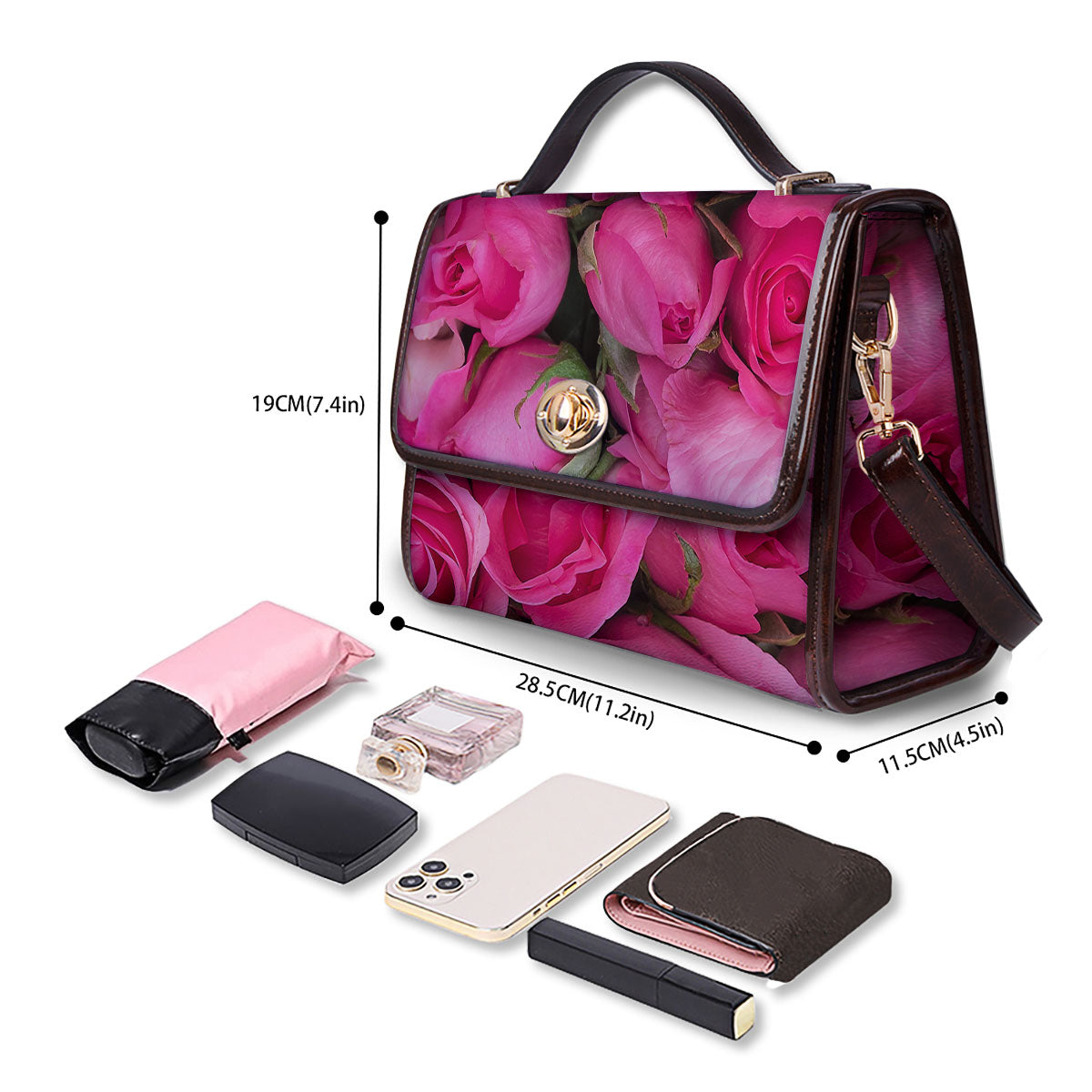 Rose Hot Pink Print Women's Satchel Bag - Image 4