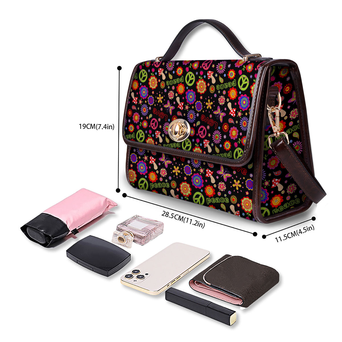 Love And Hippie Peace Sign Print Pattern Women's Satchel Bag - Image 4