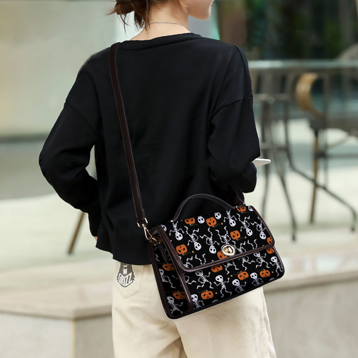Pumpkin And Skeleton Halloween Print Women's Satchel Bag - Image 3
