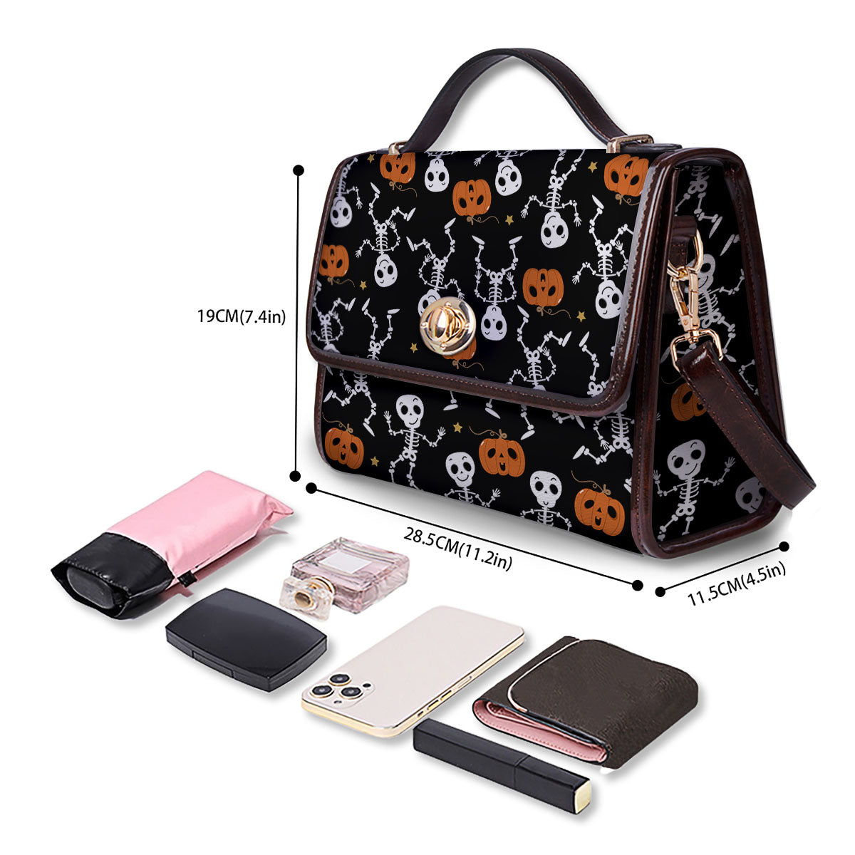 Pumpkin And Skeleton Halloween Print Women's Satchel Bag - Image 4