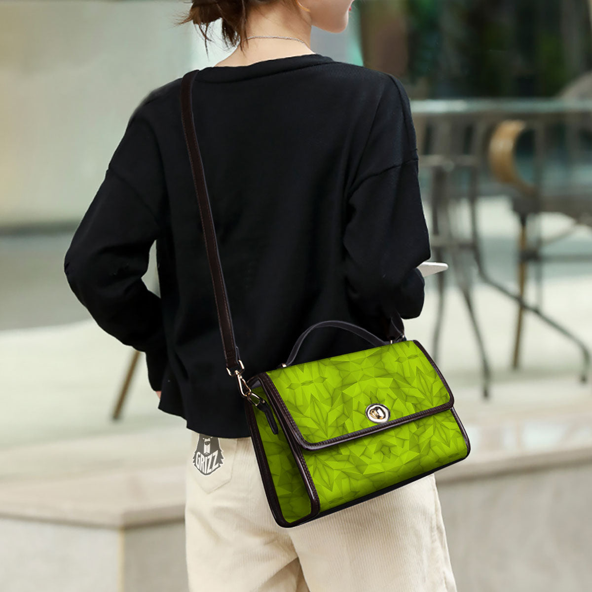 Polygonal Geometric Lime Green Print Women's Satchel Bag - Image 3