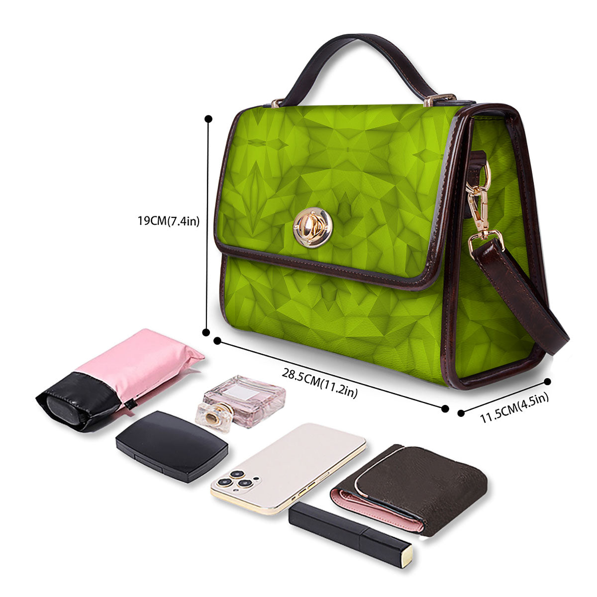 Polygonal Geometric Lime Green Print Women's Satchel Bag - Image 4