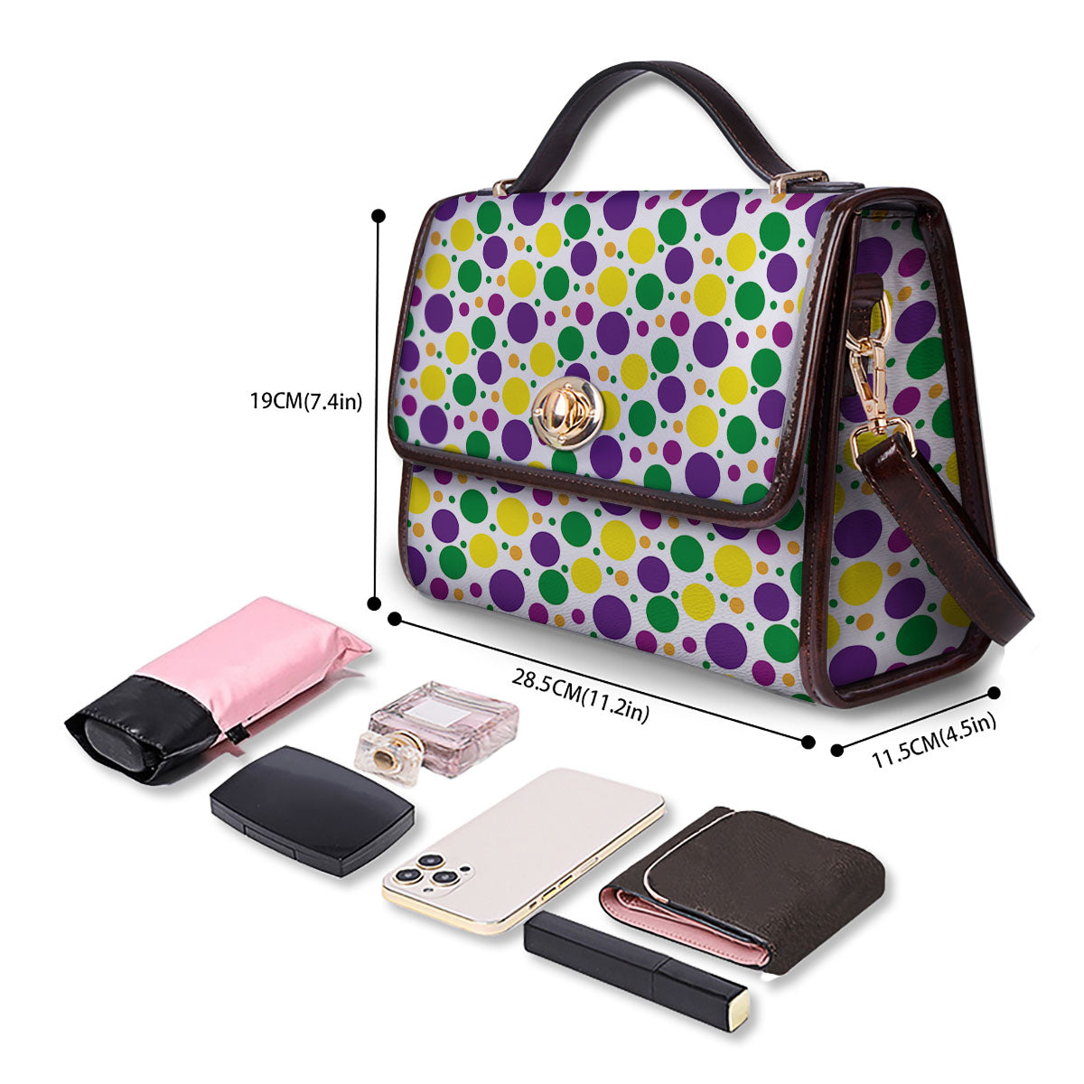 Polka Dot Mardi Gras Print Pattern Women's Satchel Bag - Image 4