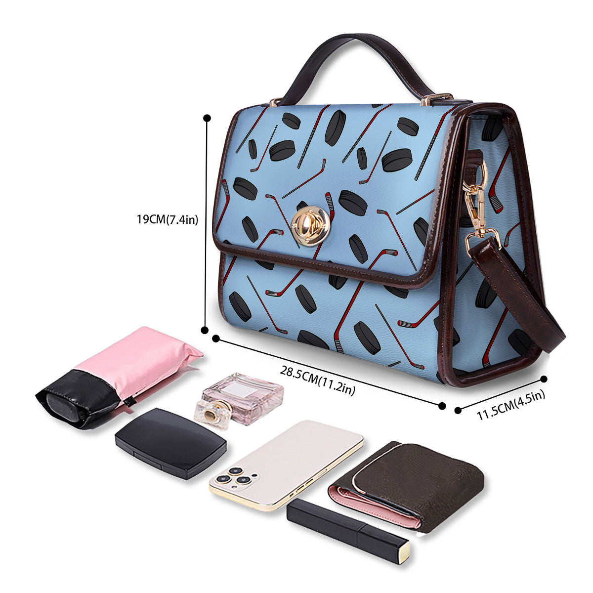 Puck And Hockey Stick Print Pattern Women's Satchel Bag - Image 4