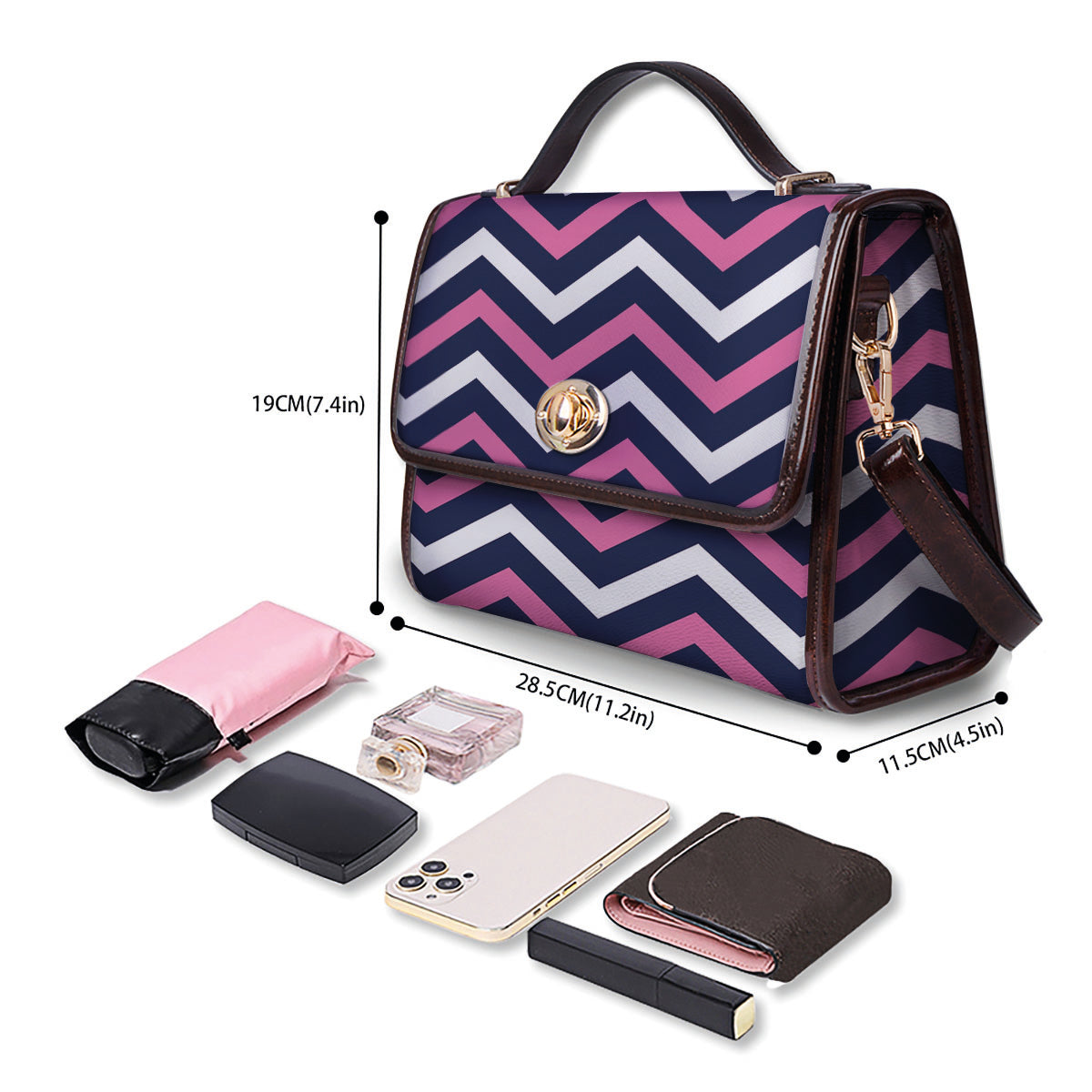 Pink And White Navy Chevron Print Women's Satchel Bag - Image 4