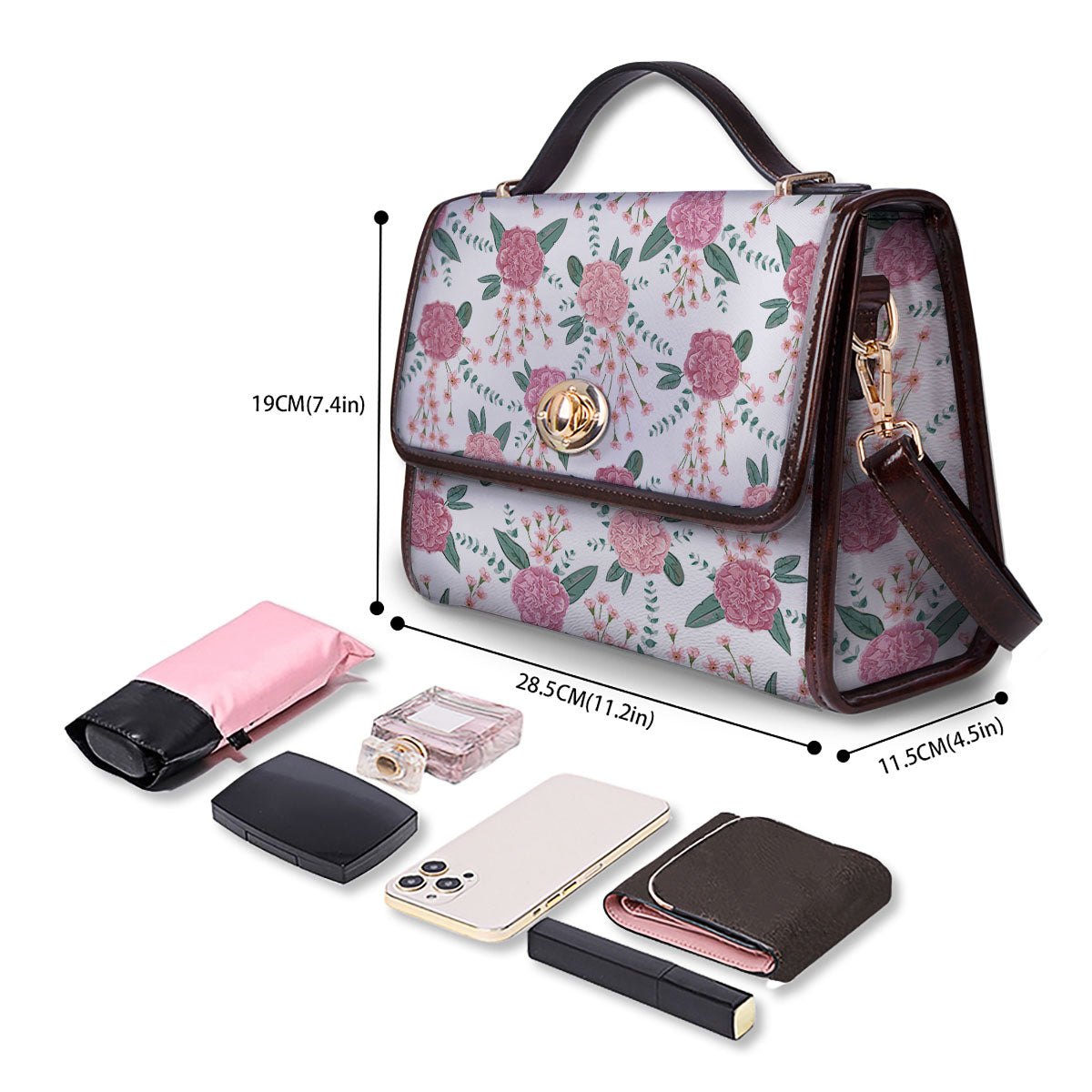 Pink Carnation White Print Pattern Women's Satchel Bag - Image 4
