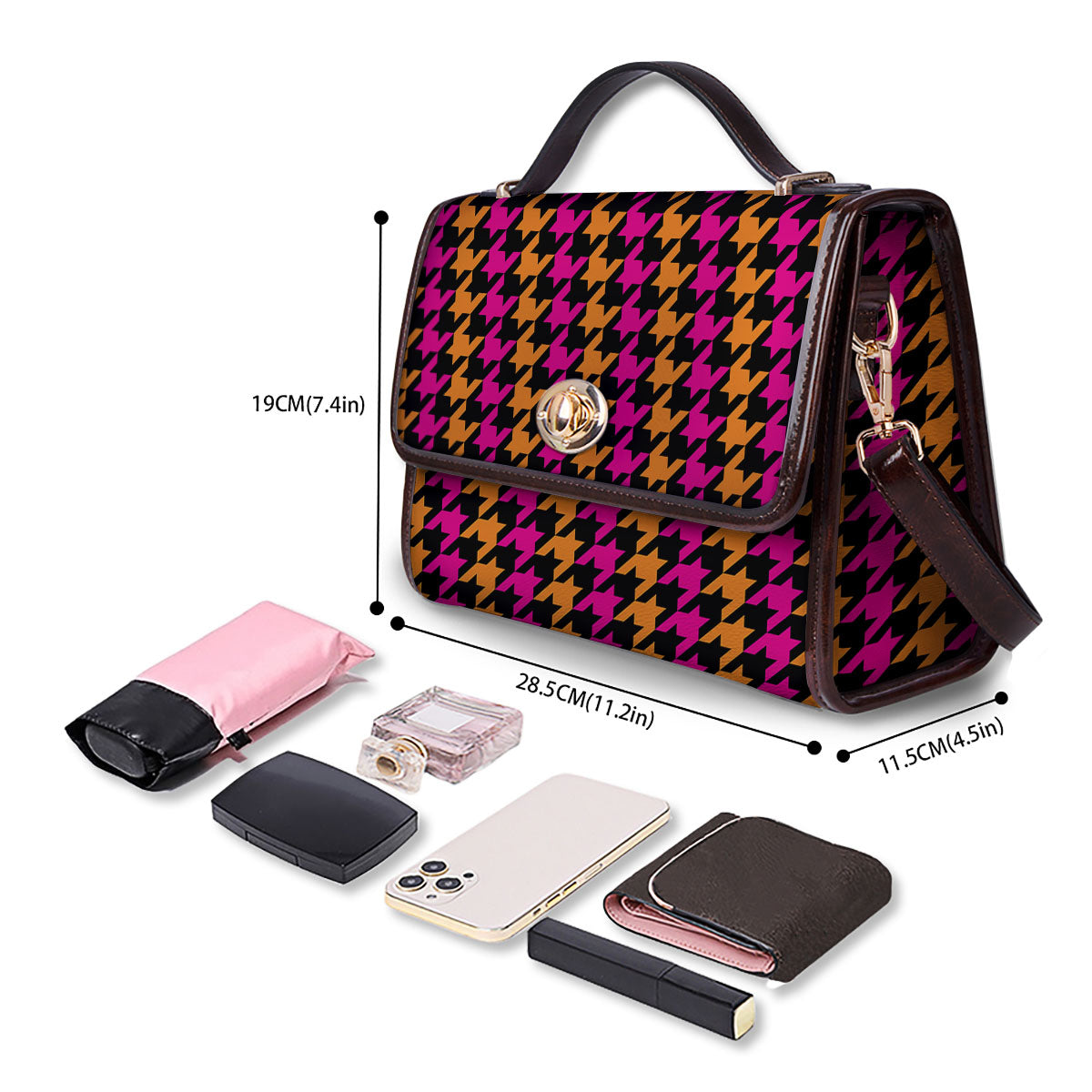 Pink Orange And Black Houndstooth Print Women's Satchel Bag - Image 4