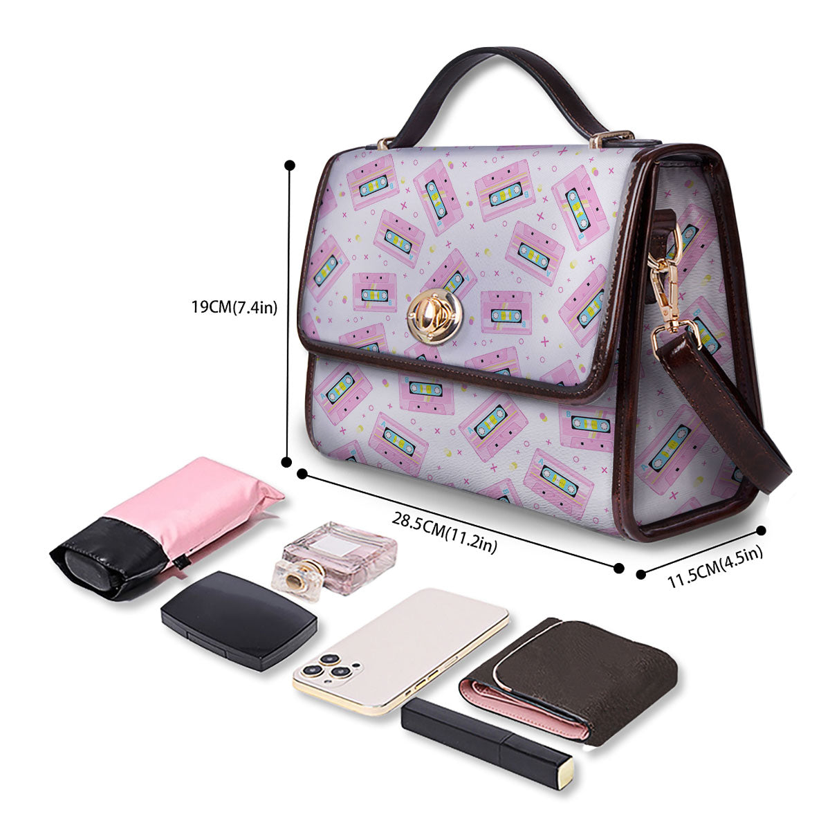 Pink Cassette Tape White Print Pattern Women's Satchel Bag - Image 4