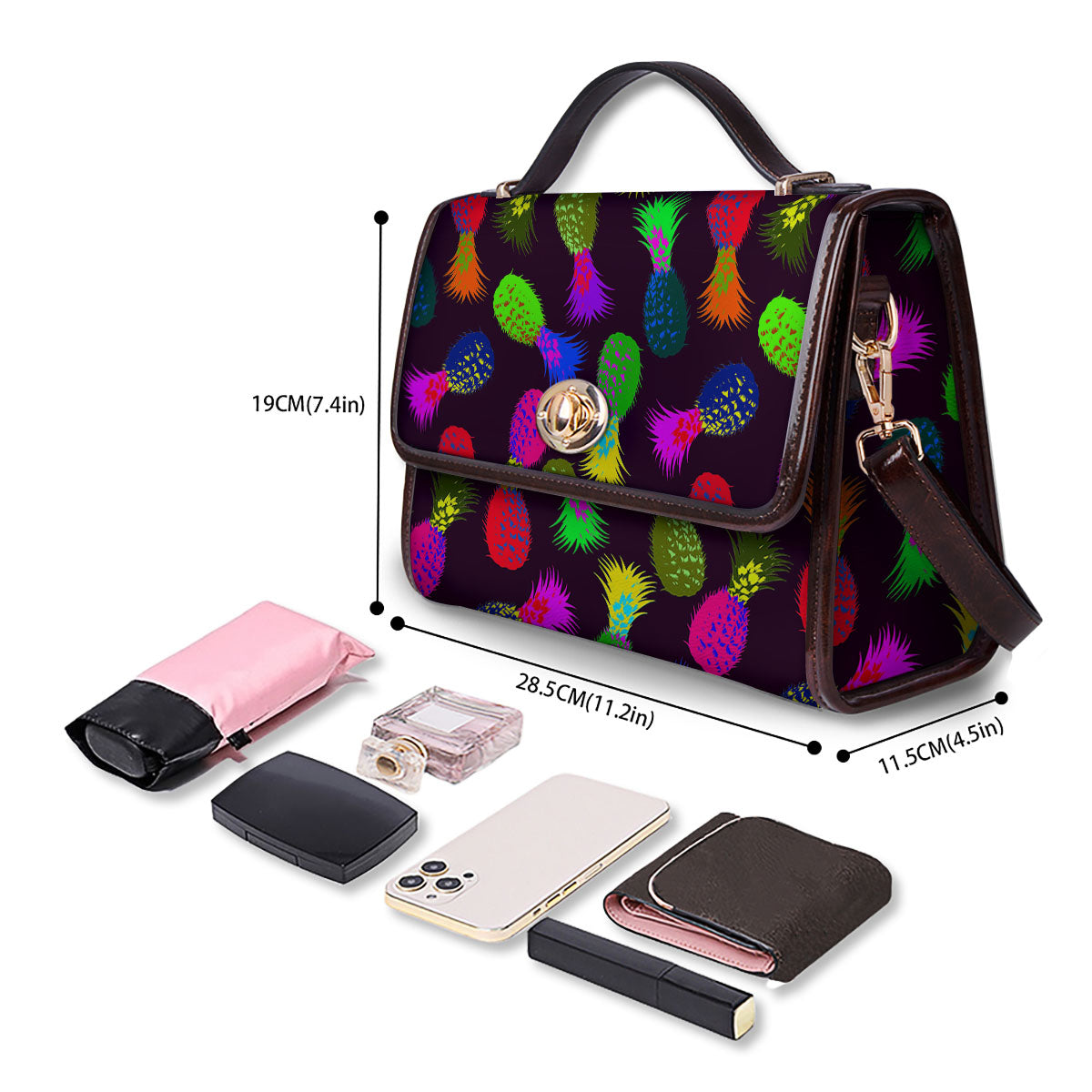 Pineapple Neon Trippy Print Pattern Women's Satchel Bag - Image 4