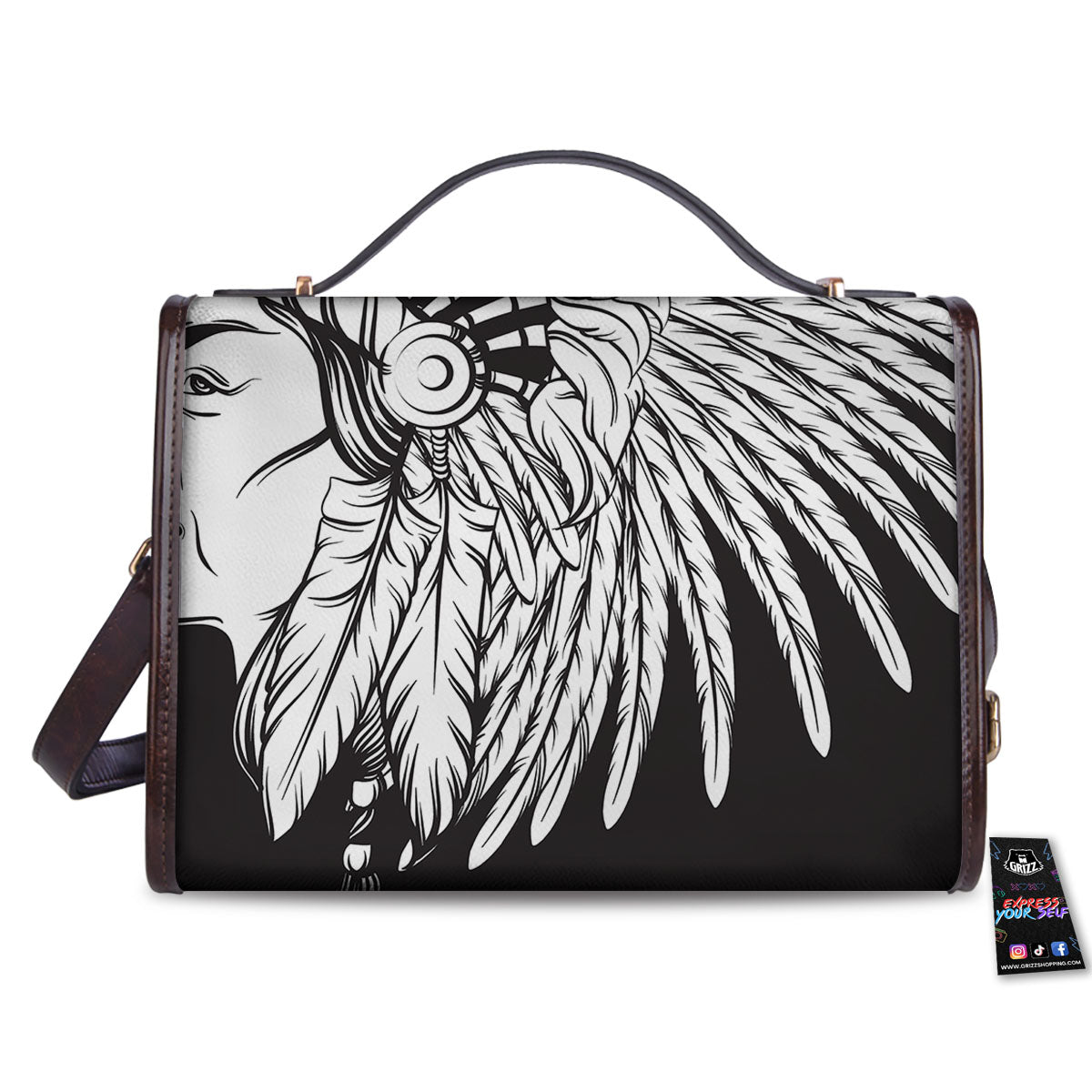Indian Portrait Monochrome Native Print Women's Satchel Bag - Image 2