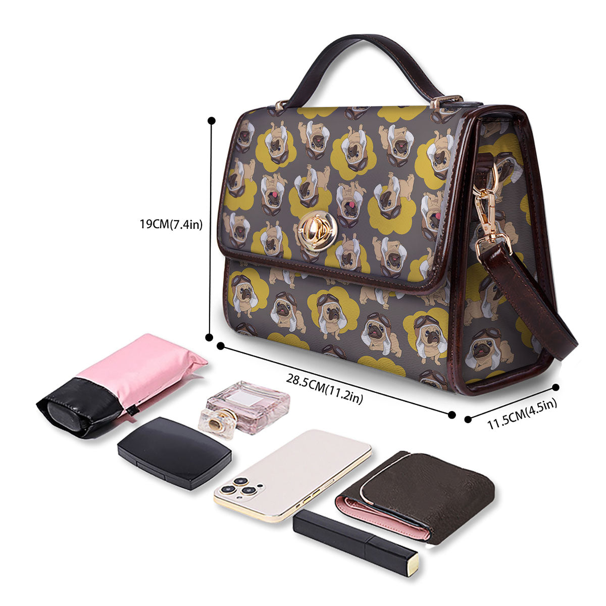 Pilot Pug Print Pattern Women's Satchel Bag - Image 4
