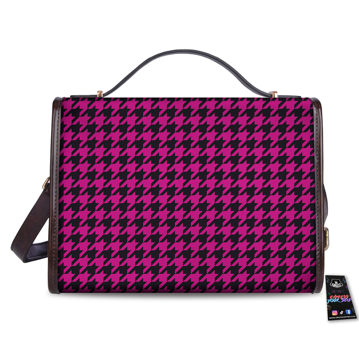 Houndstooth Black And Pink Magenta Print Women's Satchel Bag - Image 2