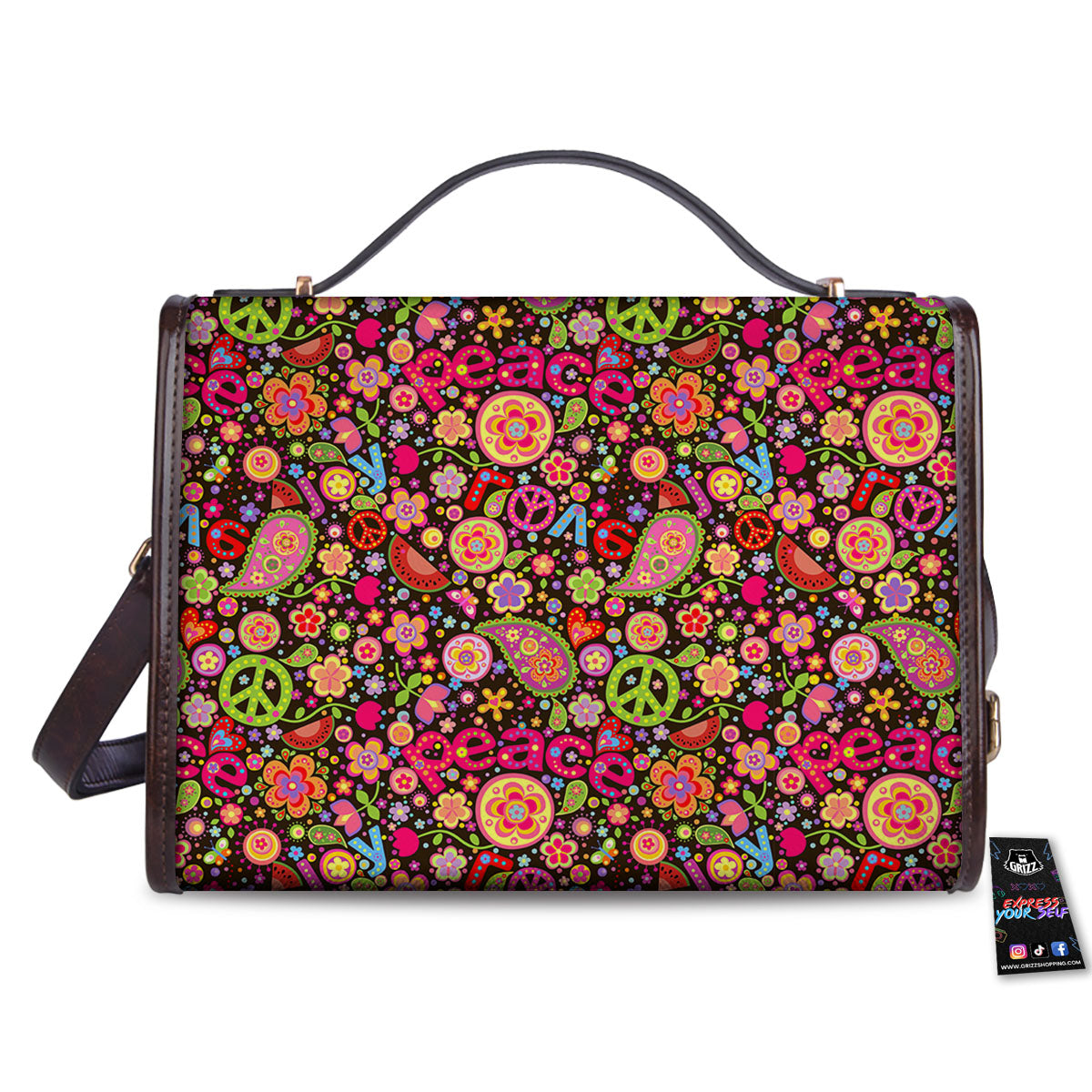 Hippie Sign Peace Flower Print Pattern Women's Satchel Bag - Image 2