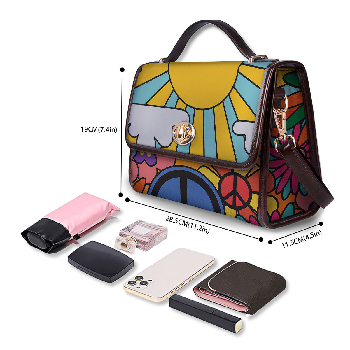 Peace Sign Hippie Flower Print Women's Satchel Bag - Image 4
