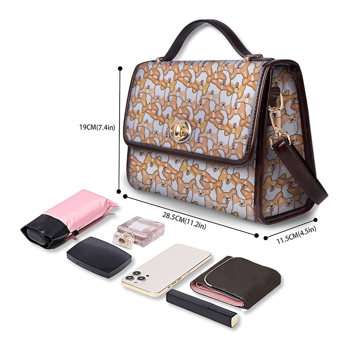 Happy Corgi Print Pattern Women's Satchel Bag - Image 4