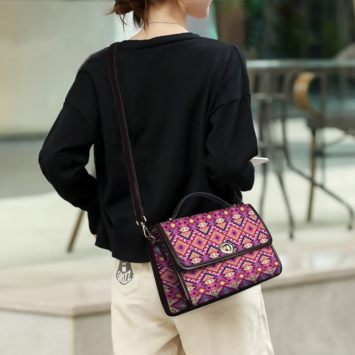 Geometric Ethnic Pink Aztec Print Pattern Women's Satchel Bag - Image 3
