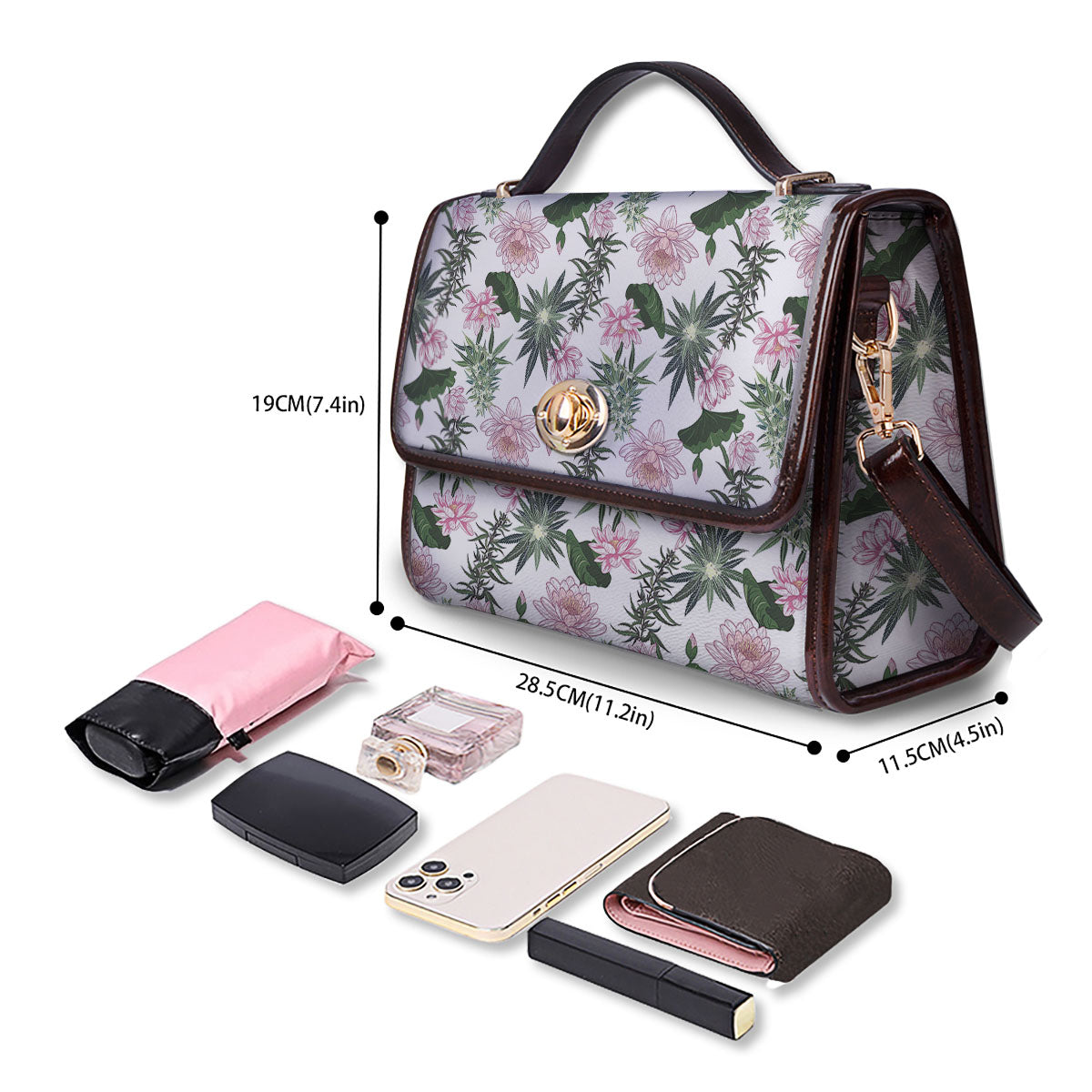Flowers And Hemp Leaves Print Pattern Women's Satchel Bag - Image 4
