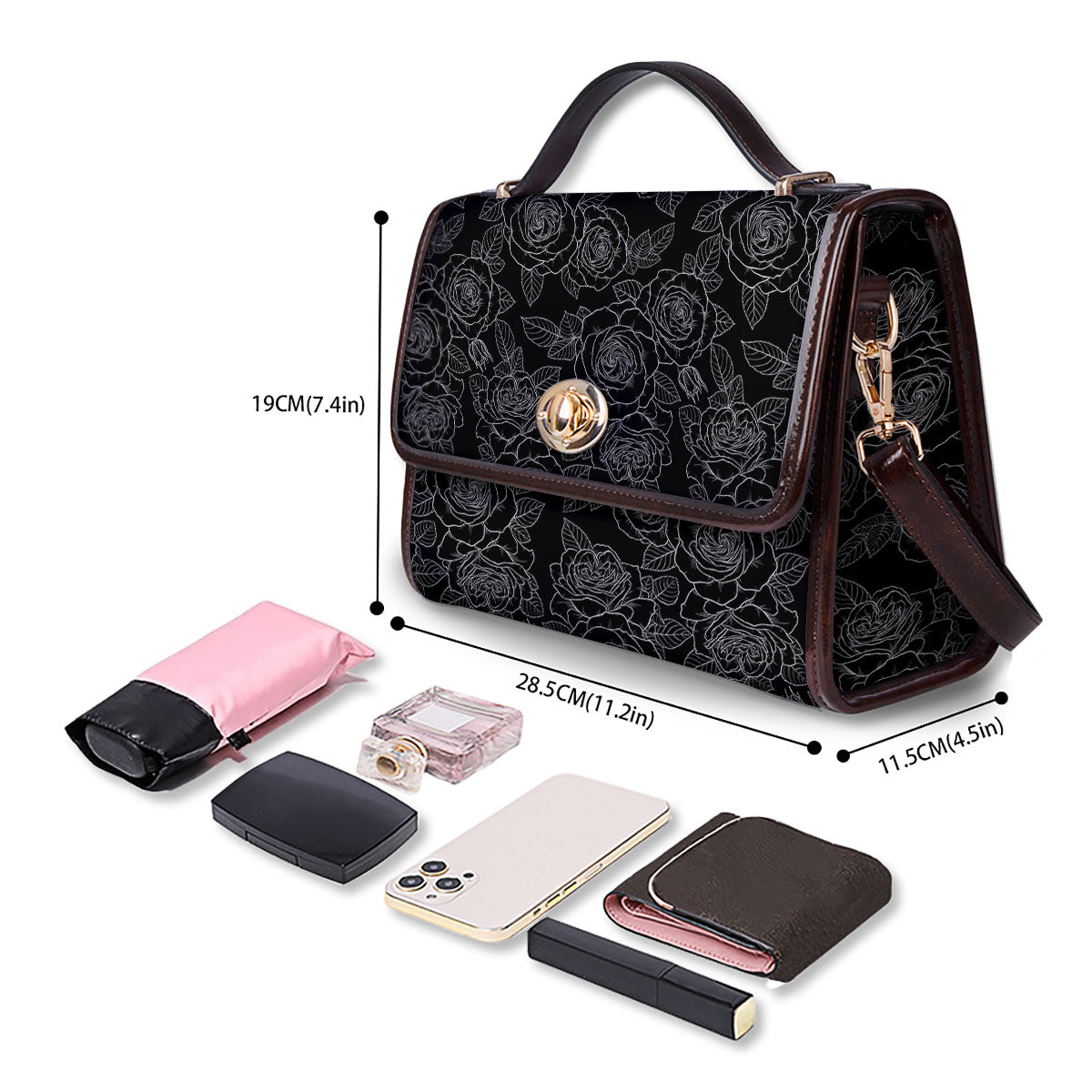Floral Rose Monochrome Print Pattern Women's Satchel Bag - Image 4
