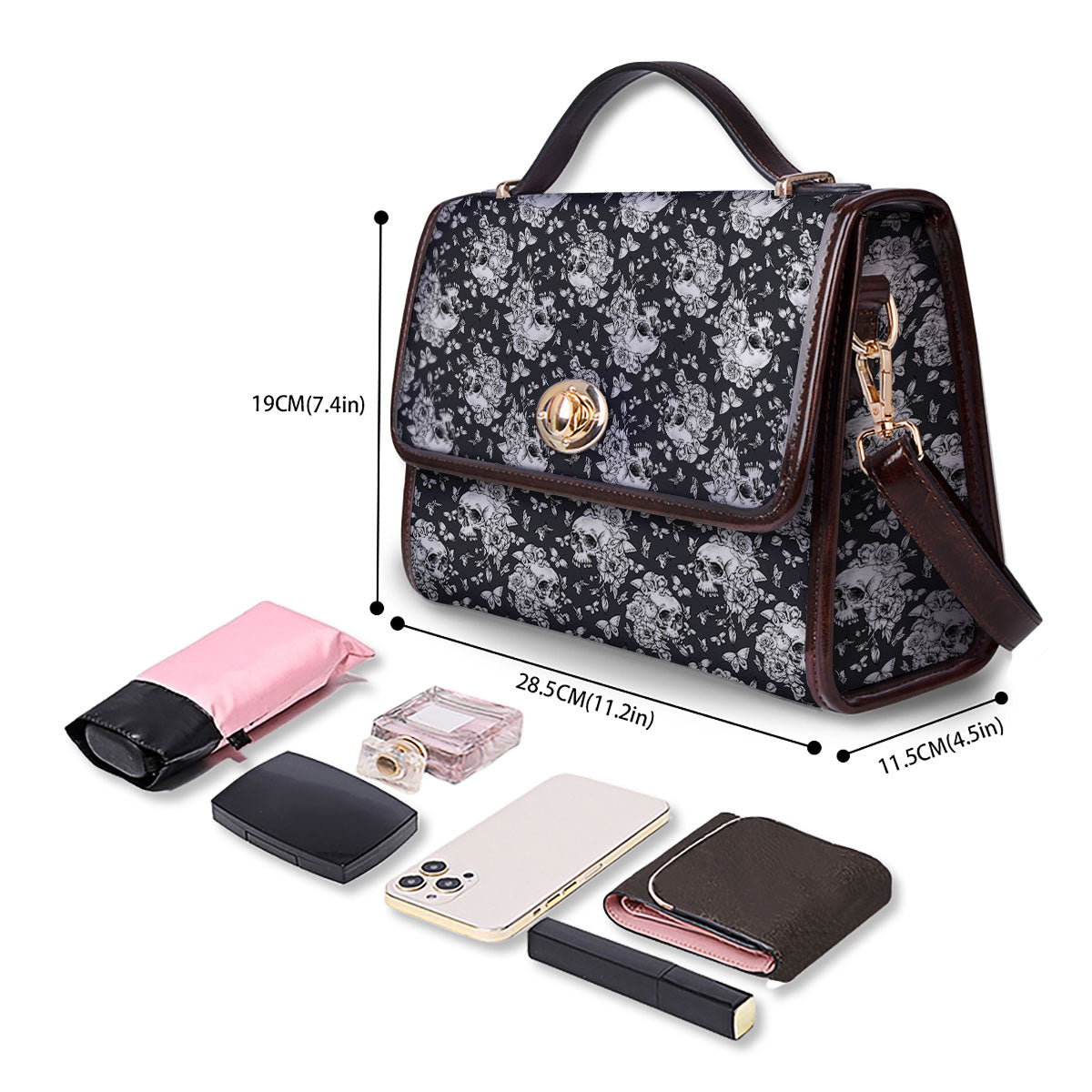 Flowers Skull Monochrome Print Pattern Women's Satchel Bag - Image 4