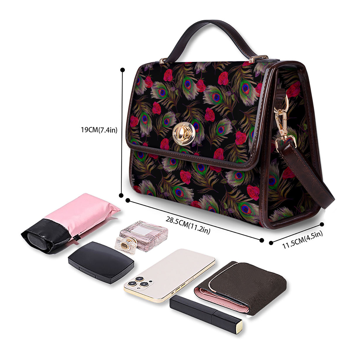 Floral Peacock Feather Print Pattern Women's Satchel Bag - Image 4