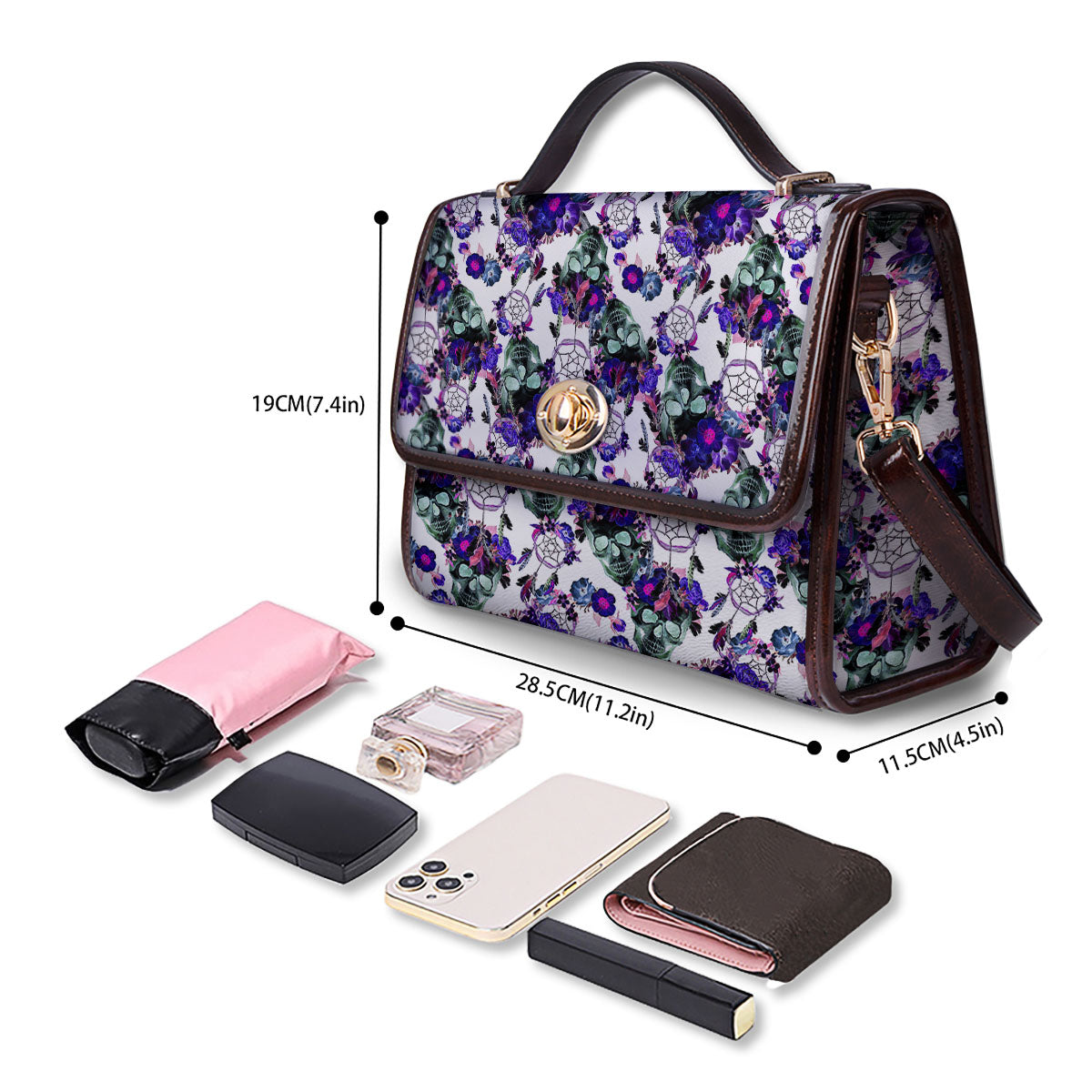 Floral Neon Skull Print Pattern Women's Satchel Bag - Image 4