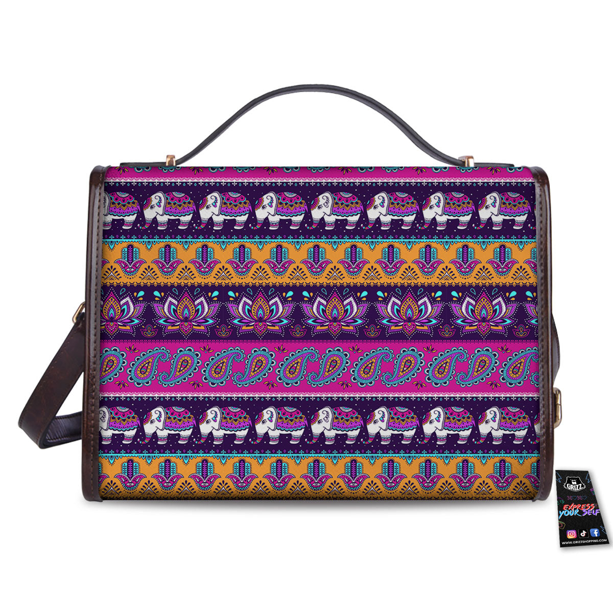 Paisley Elephant Hamsa Print Pattern Women's Satchel Bag - Image 2