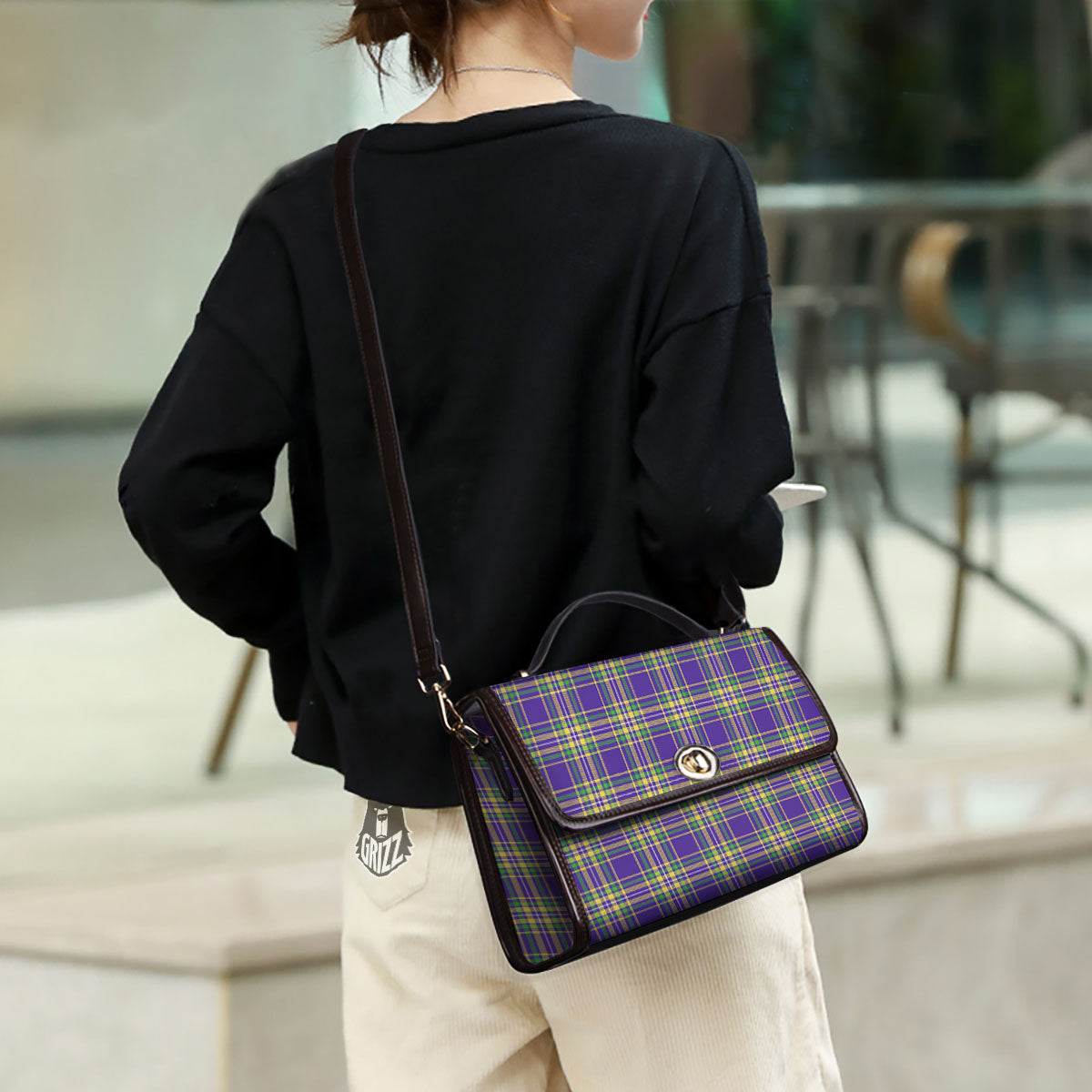 Tartan Plaid Mardi Gras Print Pattern Women's Satchel Bag - Image 3