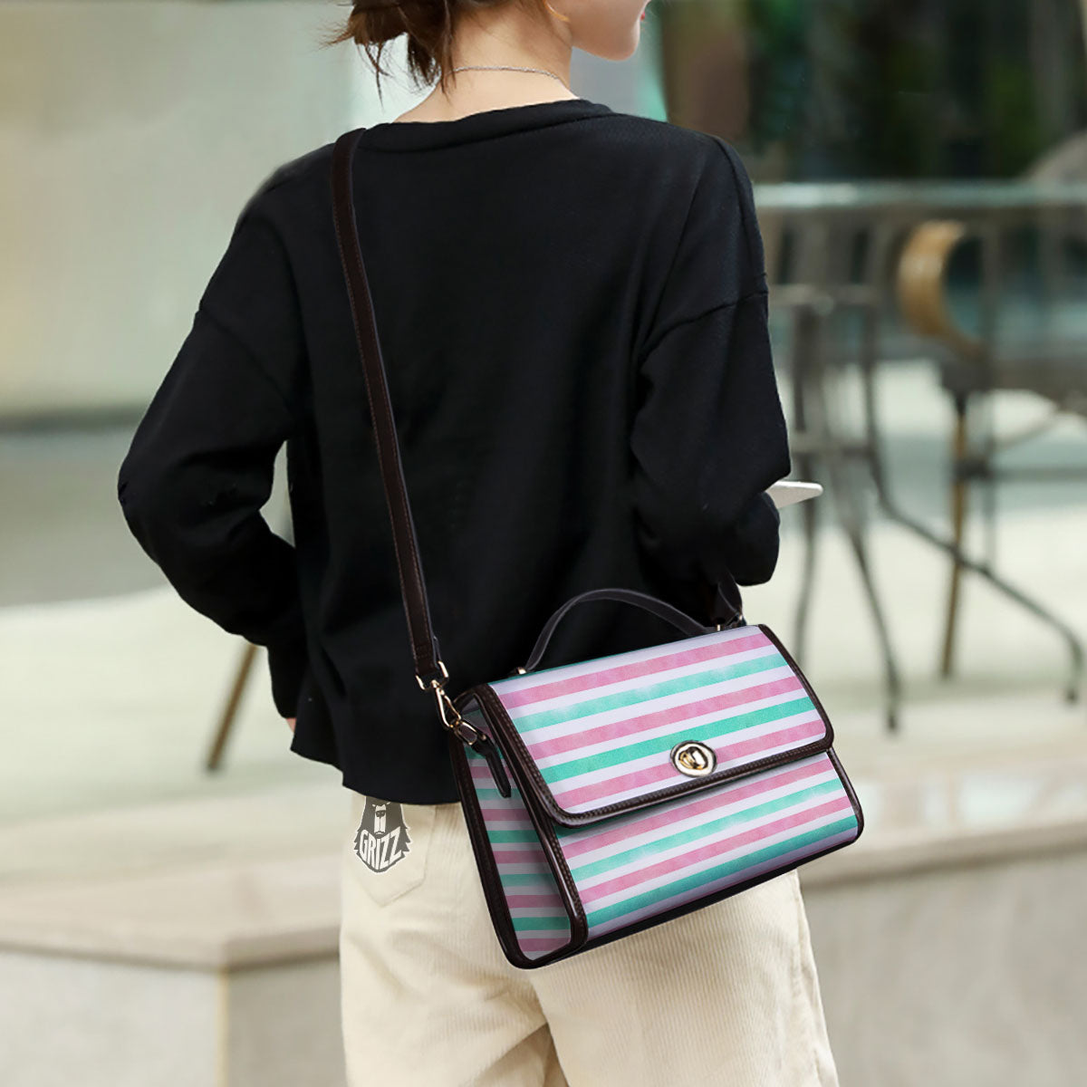 Striped Teal And Pink Print Pattern Women's Satchel Bag - Image 3