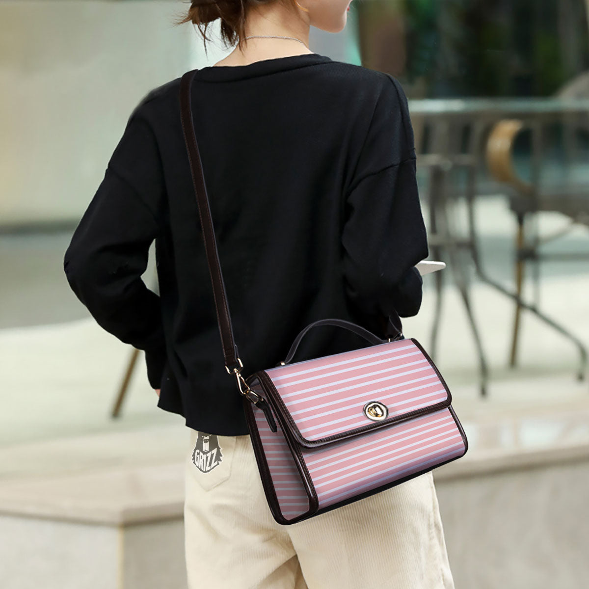 Striped White And Pink Print Pattern Women's Satchel Bag - Image 3