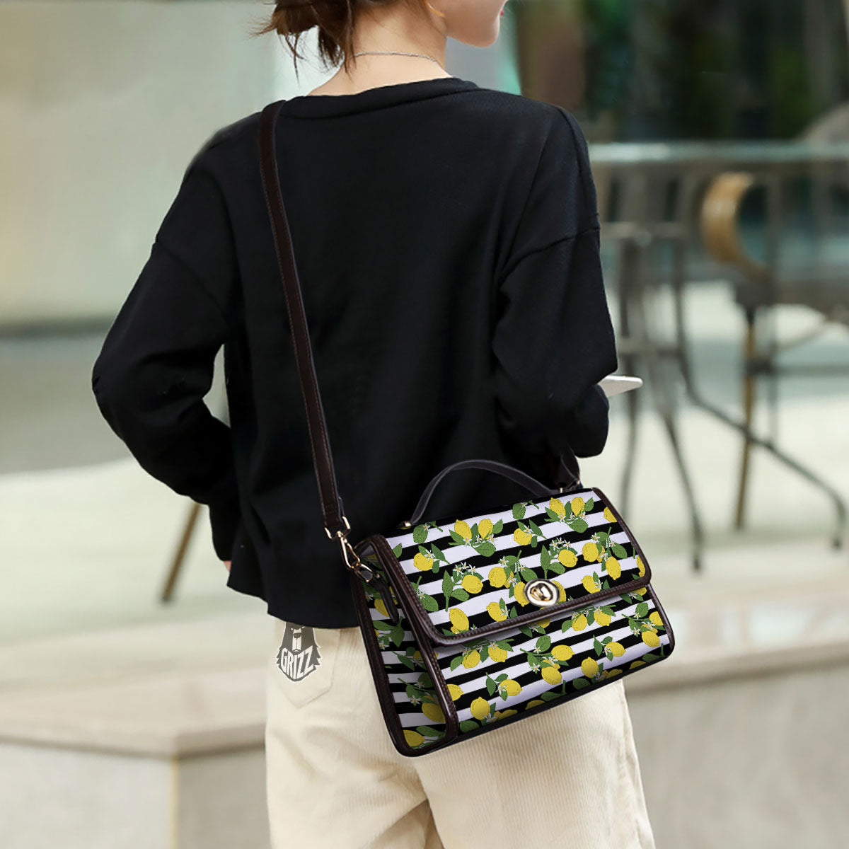 Striped Lemon Print Pattern Women's Satchel Bag - Image 3