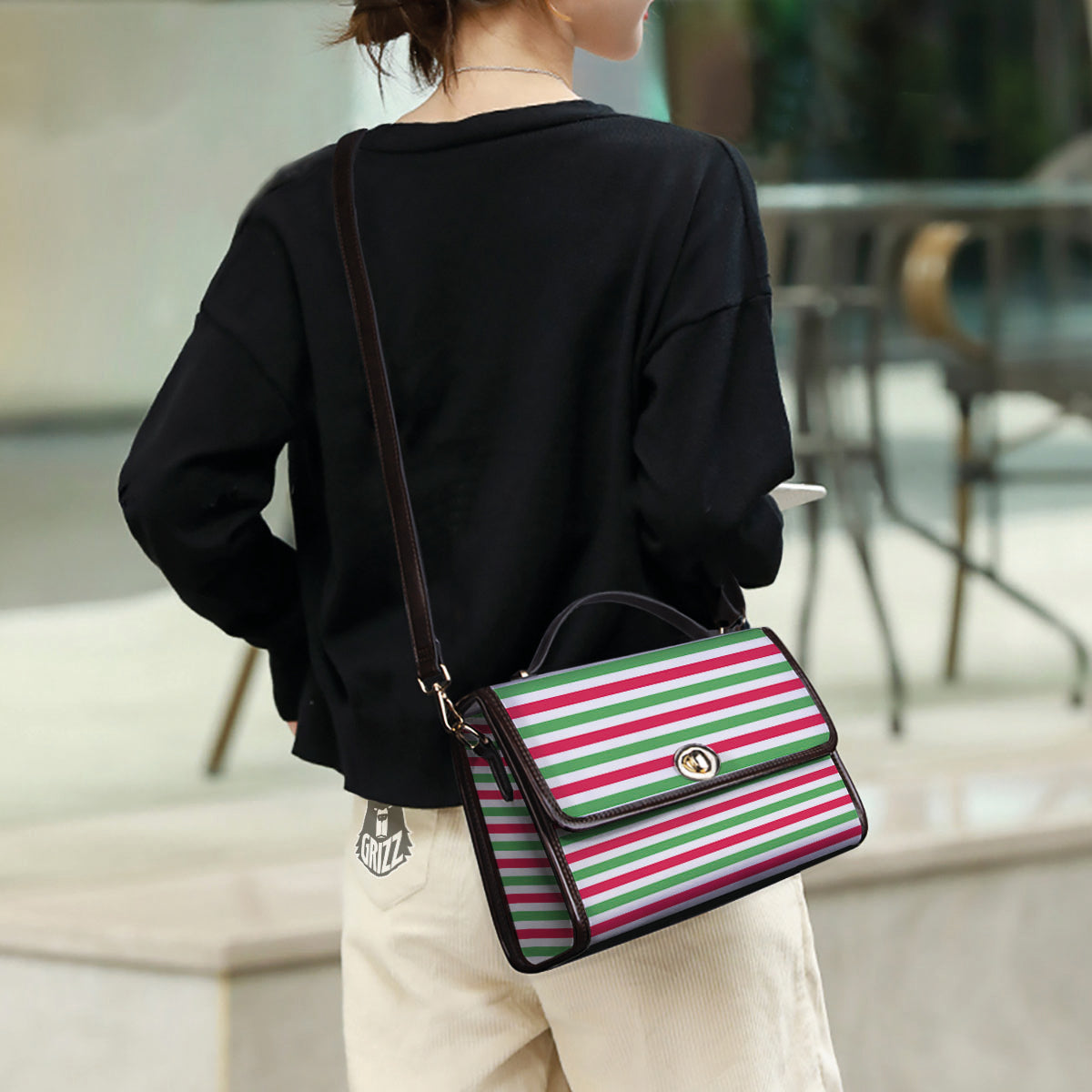 Striped Merry Christmas Print Pattern Women's Satchel Bag - Image 3