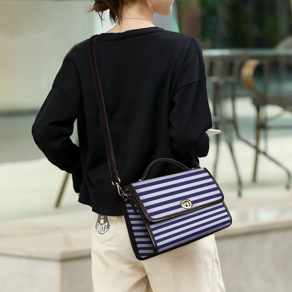 Striped White And Navy Print Pattern Women's Satchel Bag - Image 3