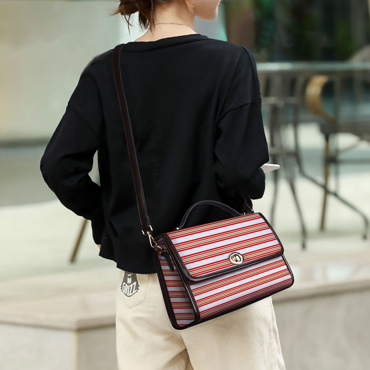 Stripes Merry Christmas Print Pattern Women's Satchel Bag - Image 3