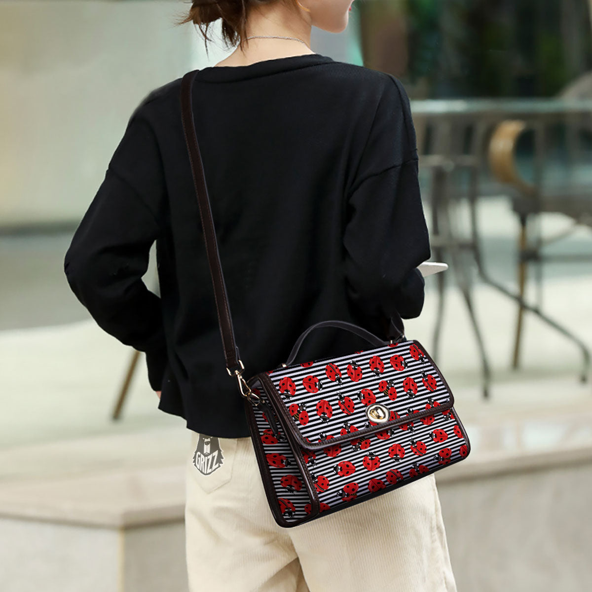 Striped Ladybug Print Pattern Women's Satchel Bag - Image 3
