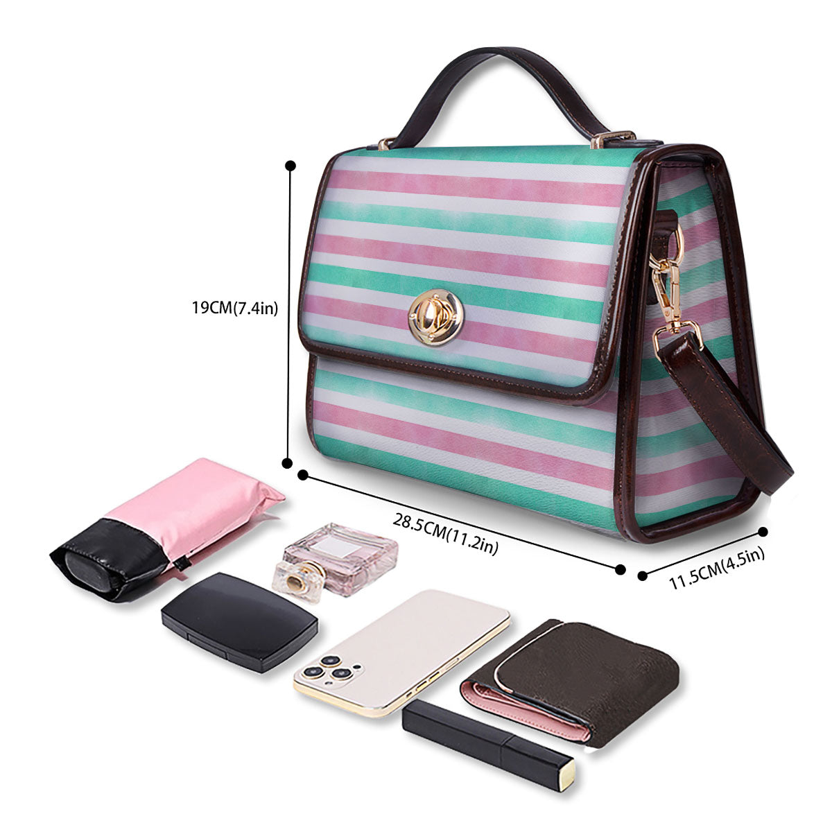 Striped Teal And Pink Print Pattern Women's Satchel Bag - Image 4