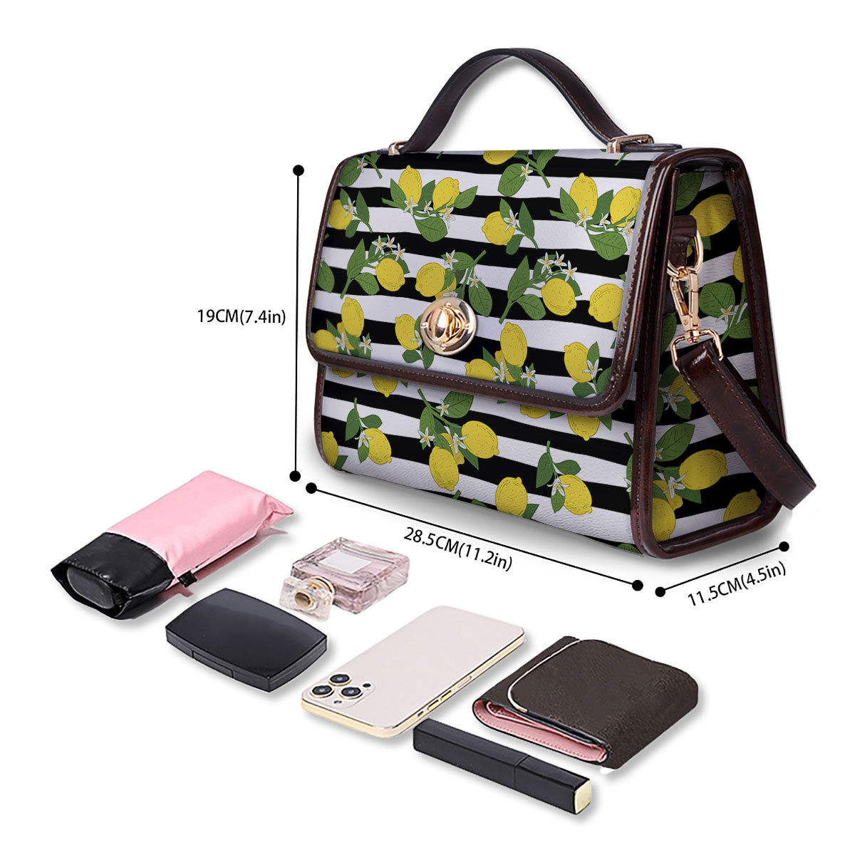 Striped Lemon Print Pattern Women's Satchel Bag - Image 4