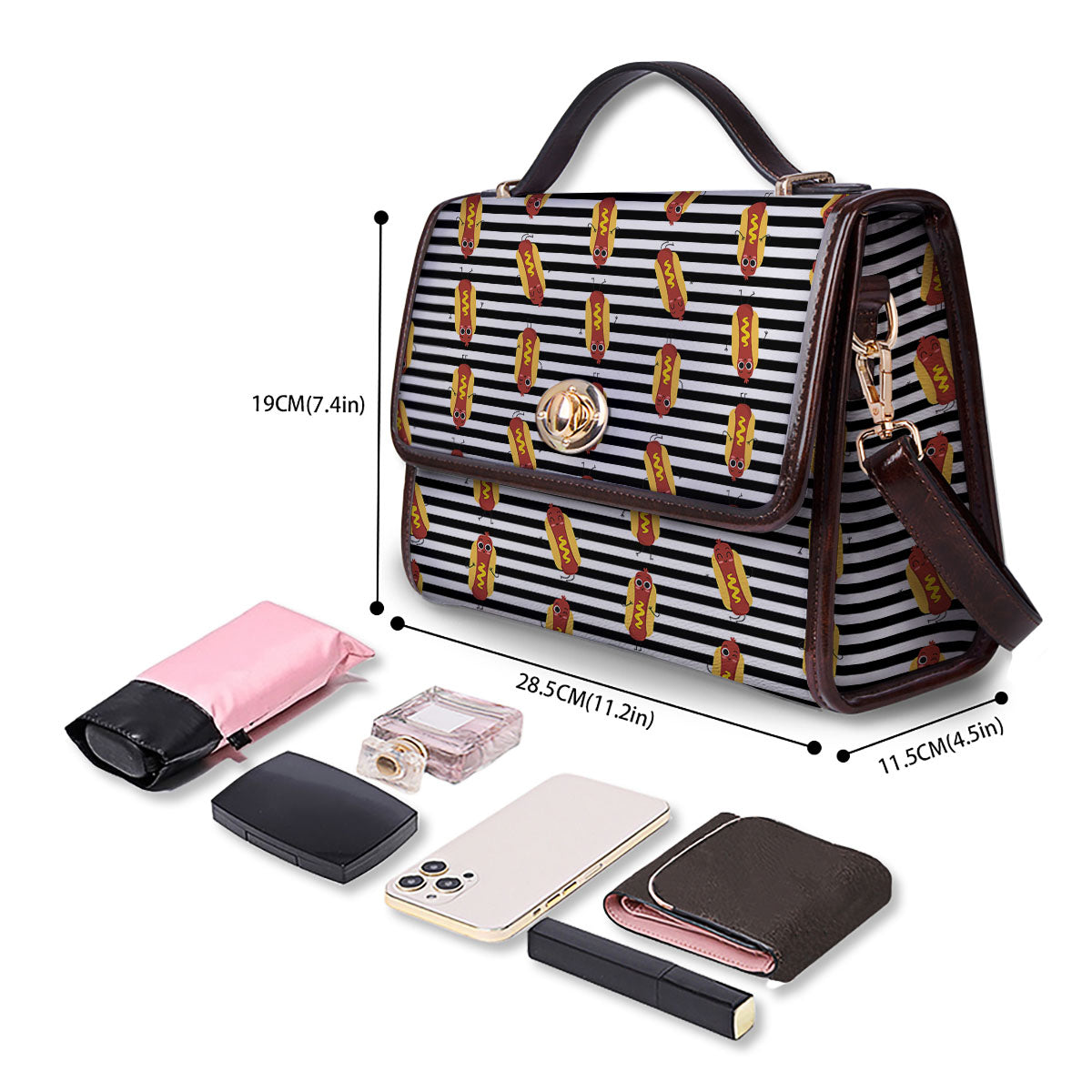 Striped Hot Dog Print Pattern Women's Satchel Bag - Image 4