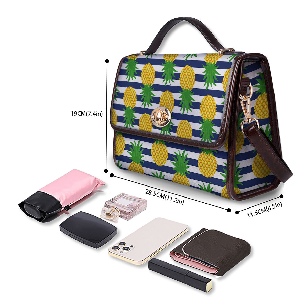 Striped Pineapple Print Pattern Women's Satchel Bag - Image 4