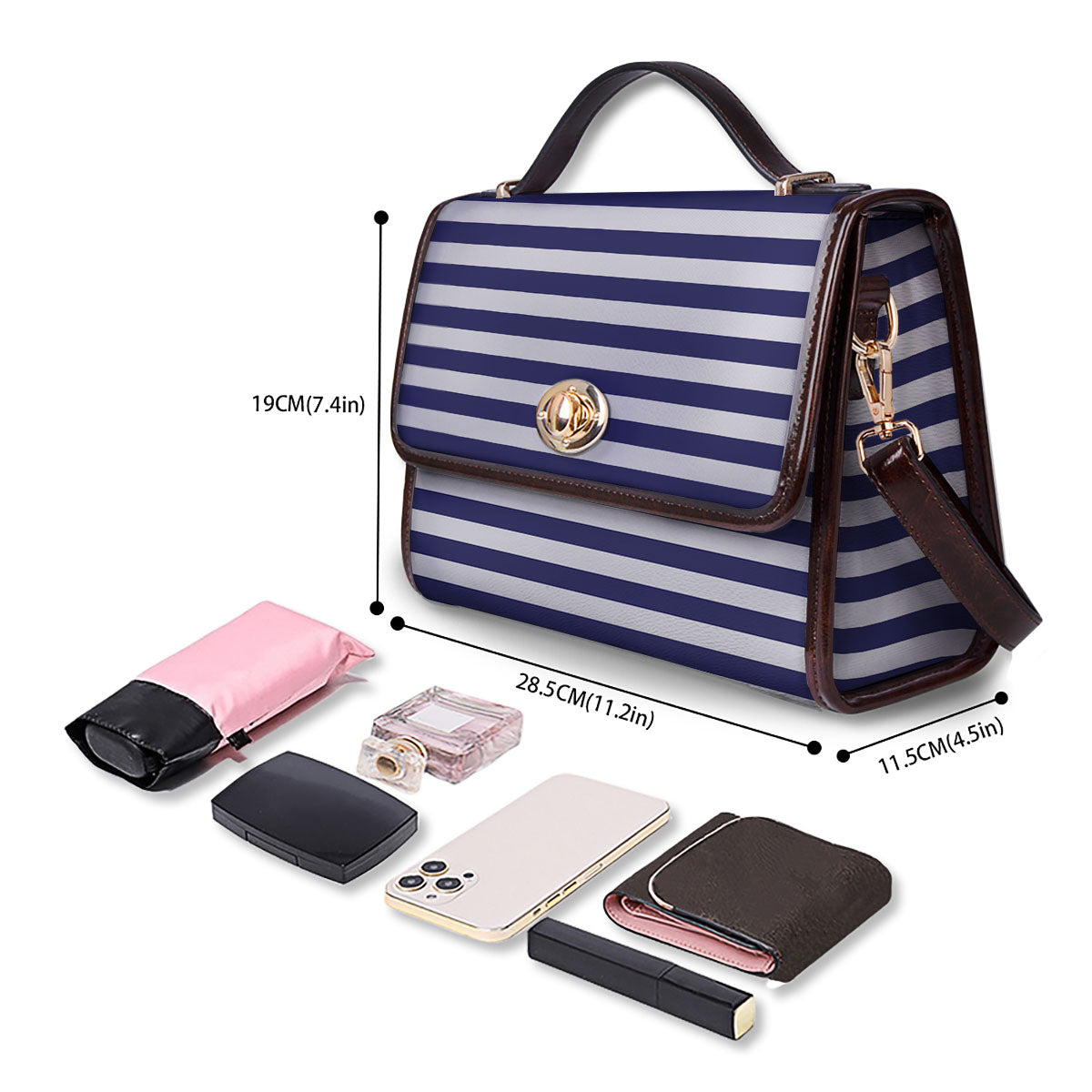 Striped White And Navy Print Pattern Women's Satchel Bag - Image 4