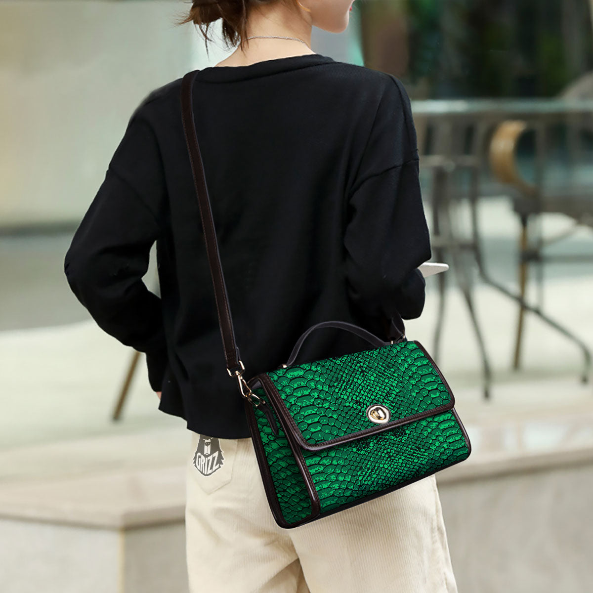 Snakeskin Black And Lime Green Print Women's Satchel Bag - Image 3