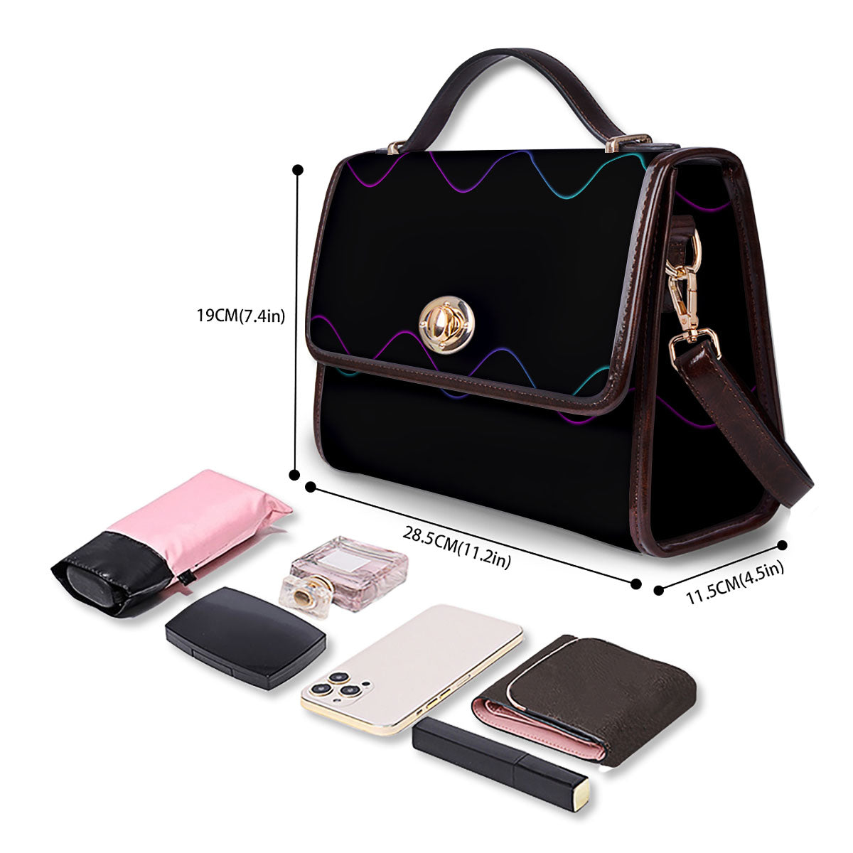 Sound Wave Teal And Purple Black Print Women's Satchel Bag - Image 4